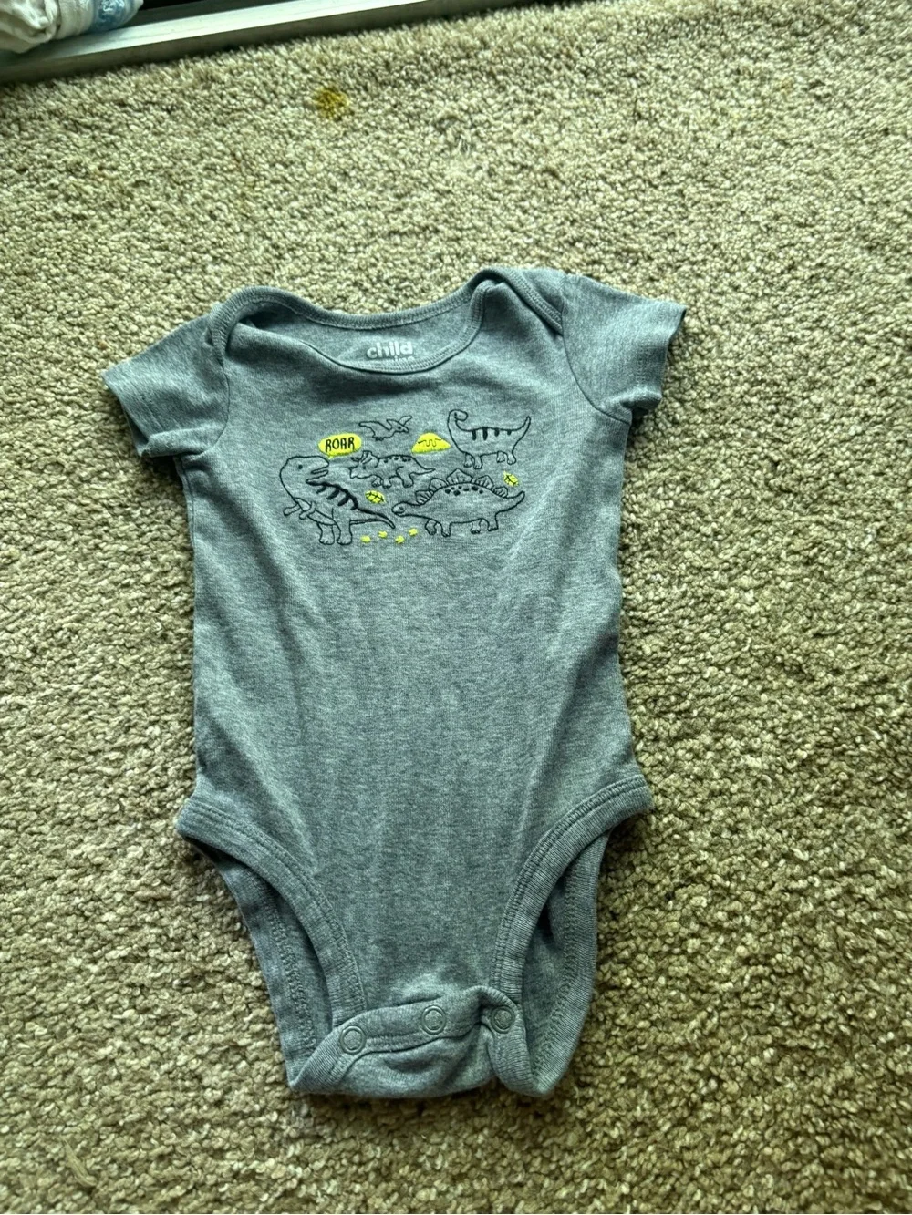 Carter's Gray Short-Sleeve Dino One-Piece with Yellow Accents